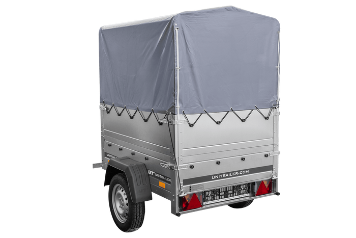 Remorcă cu o singură axă 150x106 UNITRAILER GARDEN 150 KIPP cu laterale BIS, cadru H-800 și prelată gri
