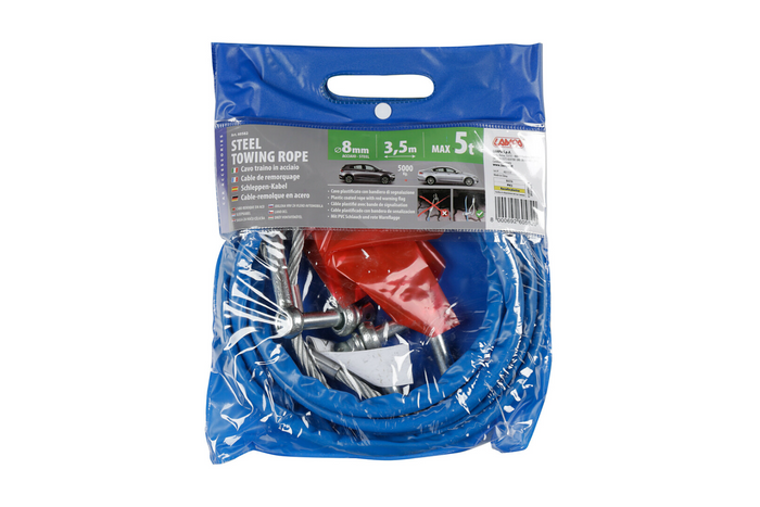 Cablu de remorcare cu cheițe LAMPA, cablu de oțel 3,5 m/8 mm/5 t, albastru