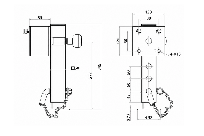 Suport manivelă extensibil UNITRAILER JL1 pentru remorcă platformă de 1500 kg 346-576 mm