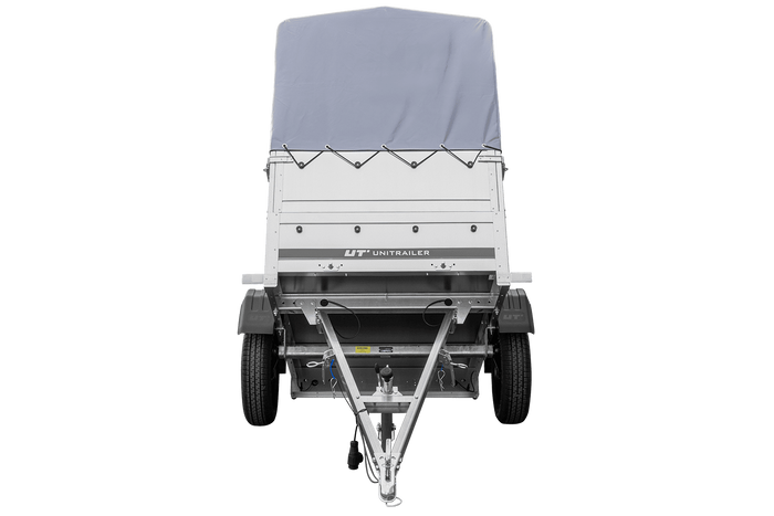 Remorcă cu o singură axă 150x106 UNITRAILER GARDEN 150 KIPP cu laterale BIS, cadru H-800 și prelată gri