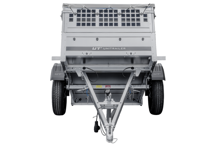 Remorcă auto 150x106 UNITRAILER GARDEN 150 KIPP cu laterale din plasă și prelată gri