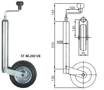 Roată jockey cu clemă din fontă WINTERHOFF ST48-200VB+KLE48-G 150kg 48mm 505-725mm