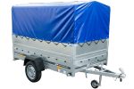 Remorcă cu o singură axă pe arcuri 230x125 UNITRAILER GARDEN 230/R KIPP cu laterale BIS, cadru H-800 și capac albastru