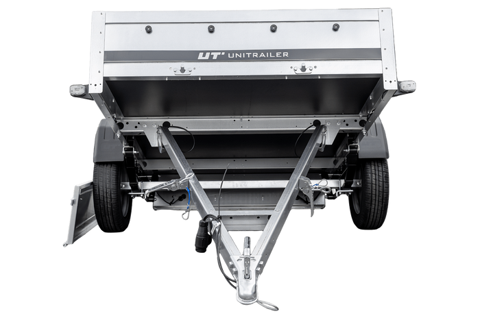 Remorcă cu o singură axă pe arcuri 230x125 UNITRAILER GARDEN 230/R KIPP cu cadru H-800 și prelată gri